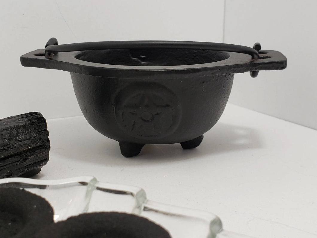 Black Cast Iron Cauldron with Pentacle - Protection, Remove Hexes, Binding Spellwork In Spyrit Metaphysical