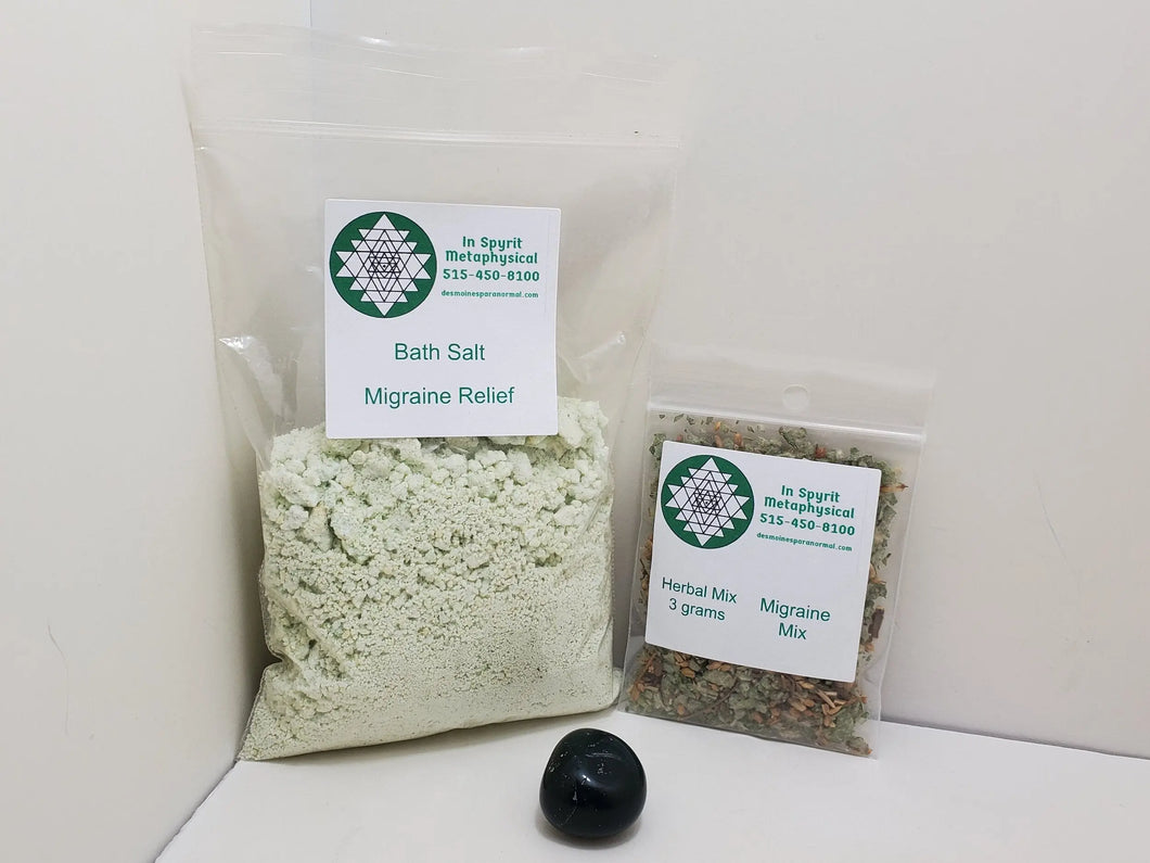Migraine Relief Mini Kit - Bath Salts, Herbal Mix and Stone In Spyrit Metaphysical
