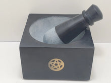 Load image into Gallery viewer, Square Black Soapstone Mortar &amp; Pestle, Pentacle In Spyrit Metaphysical
