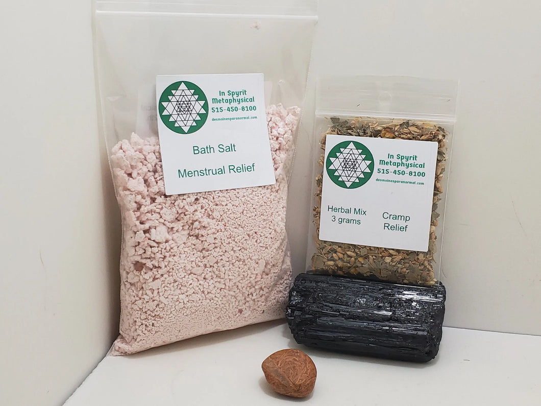 Menstrual Relief Mini Kit - Bath Salt, Herb Mixture, Tumbled Stone In Spyrit Metaphysical