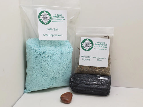 Anti-Depression Mini Kit Bath Salts, Herb Mixture, Tumbled Stone In Spyrit Metaphysical